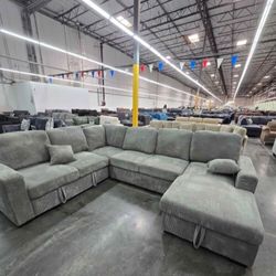XL Sectional Sofa With Pullout Bed & Storage Grey Corduroy 