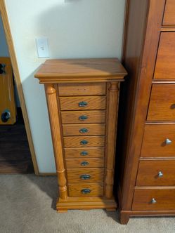 Tall Oak Wood Jewelry Armoire with Drawers