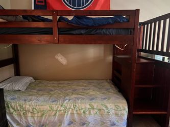Twin Over Full Solid Wood Bunk Bed w/ Stairs, Drawers & Shelves