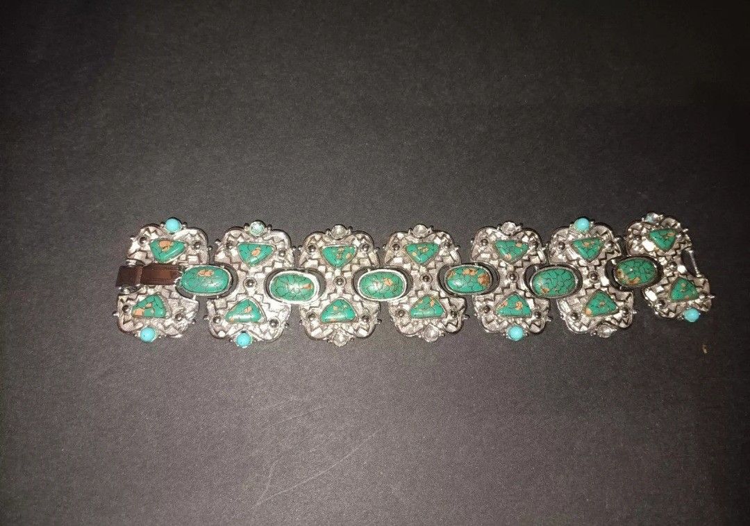 Stunning Vintage Signed Hobe Bracelet With Faux Turquoise 7" Long