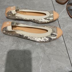 Authentic Chanel Gold Sequin Flats Size 38
