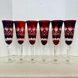 Set Of 6 Vintage Bohemian Ruby Color Cut to Clear glass Champagne Flutes 9.5”