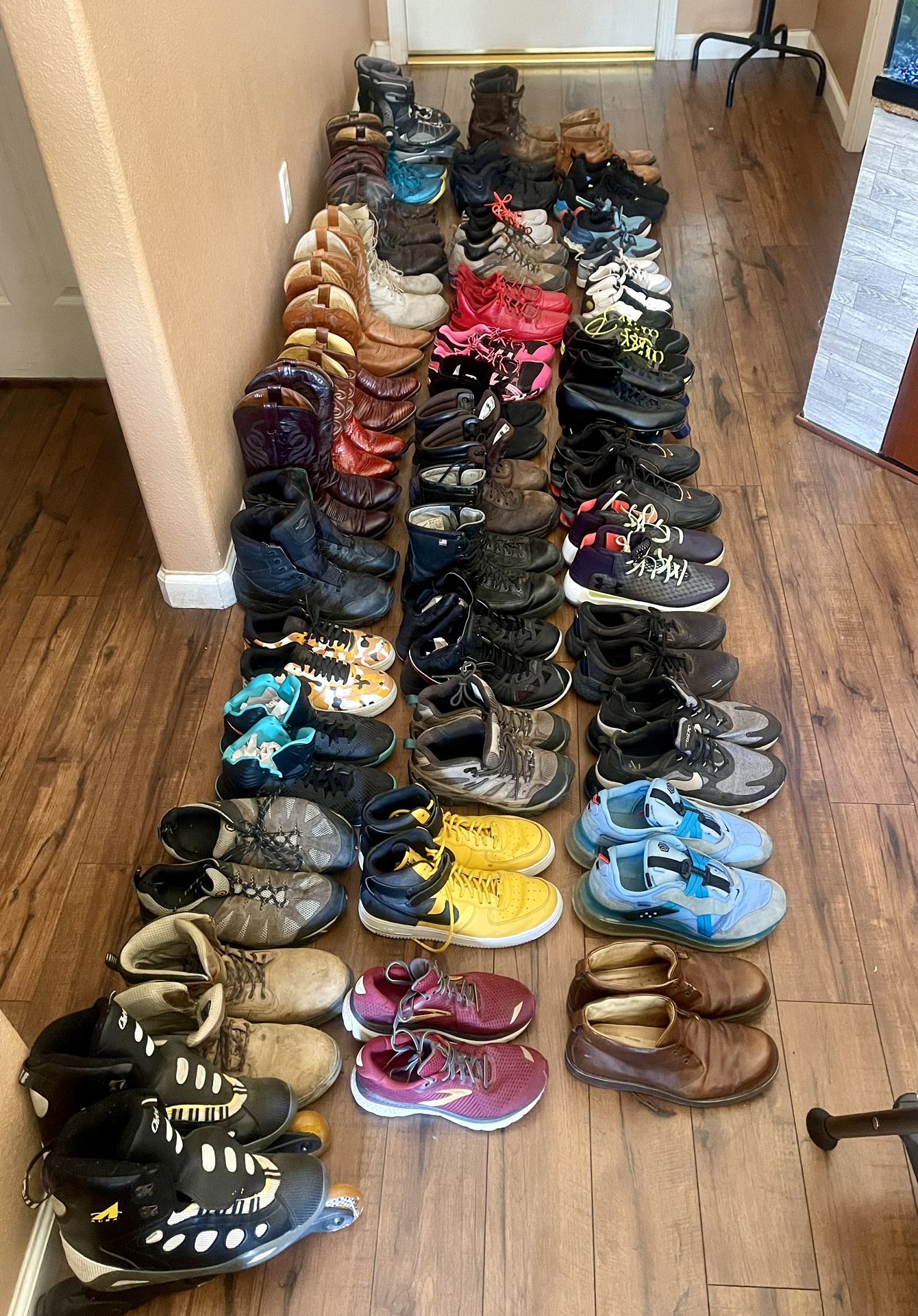 41 Pairs Of Shoes / Boot Lot! Nike , ARIAT , Brooks , Merrell