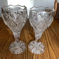 2 Vintage Imperial Glass Chalice Vase 9.5” #404 Thunderbolt, Hobstar EAPG