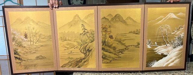 Vintage Japanese four-panel landscape screen