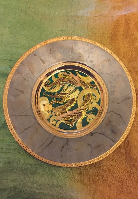 Art of Chokin Dragon plate, 24kt gold edged