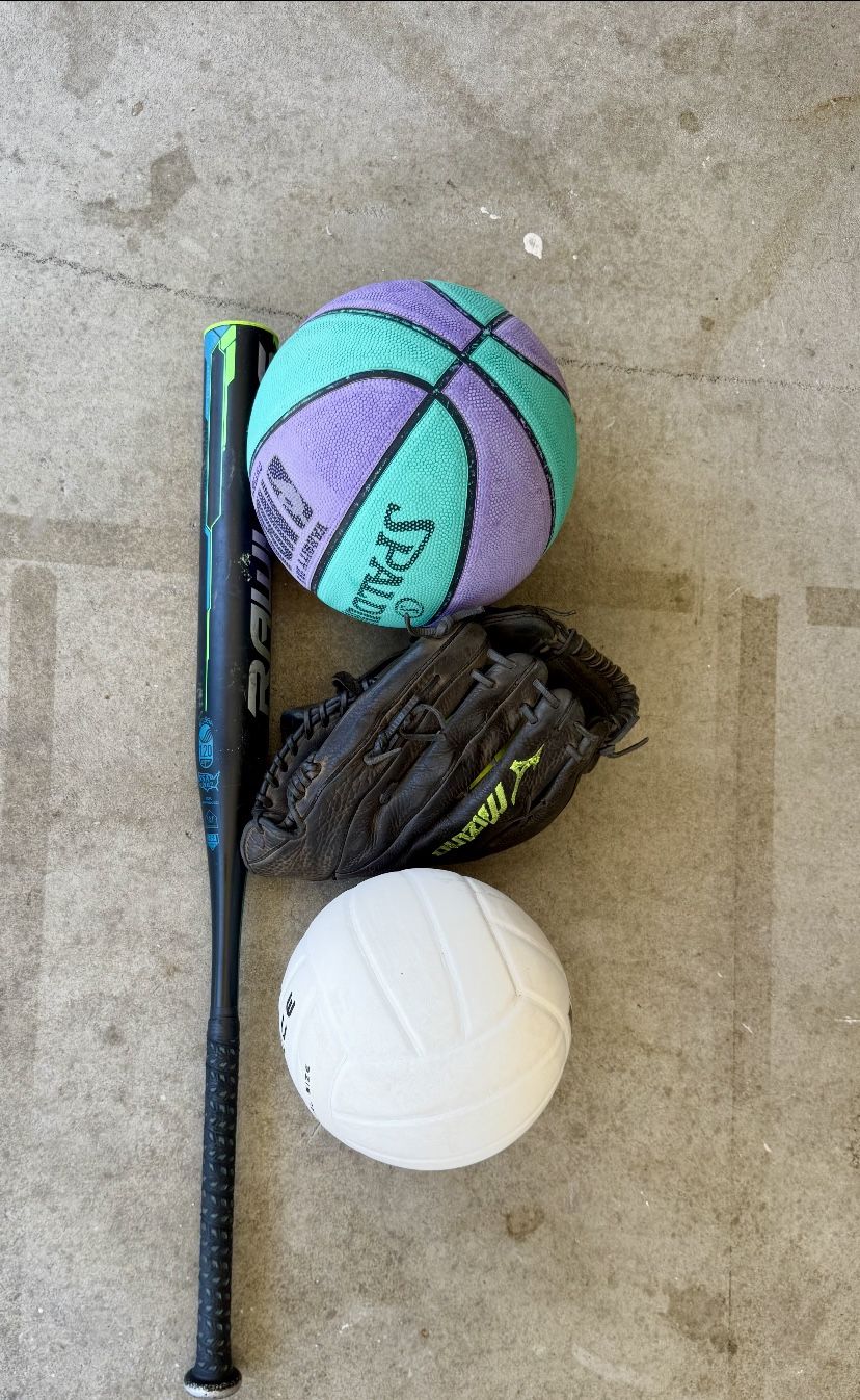 Basketball, Volleyball, Softball Bat, Glove And Ball 
