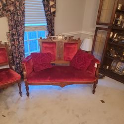 Vintage Red Asian Inspired  Red Velvet Couch, Love Seat, And Chairs 