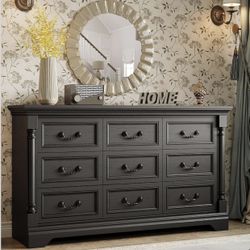 Farmhouse Dresser for Bedroom with 9 Drawers, 58" Wide Wood Chest of Drawers with Roman Column, Dresser TV Stand for 65", Closet Storage Dressers Orga