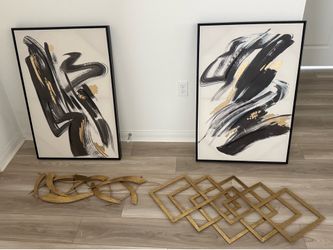 Set of 2 Abstract Canvas Paintings and 2 Gold + Metal Wall Decor Pieces