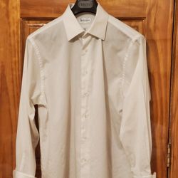 Van Heusen Men's dress shirt  White Wrinkle free Long sleeve French cuff Button down Back yoke with pleat Broadcloth Size L 16-16.5 32-33 Made in Indo