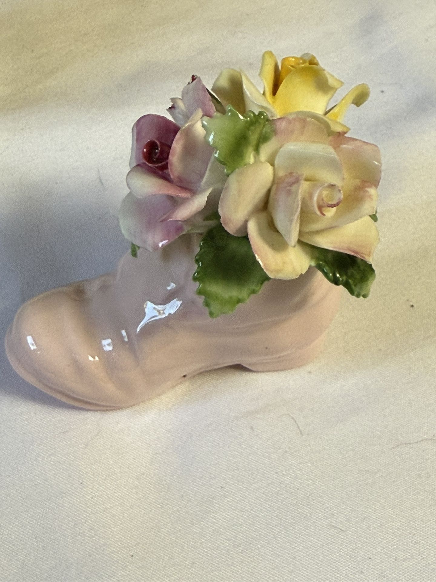 Vintage Oink Bone China Flowers In A Pink Boot And  Vintage Fenton Uranium Custard Glass Daisy & Button Boot.