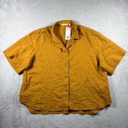 Uniqlo Linen Blend Short Sleeve Shirt Women’s L Orange Open Collar Button NWT#2A