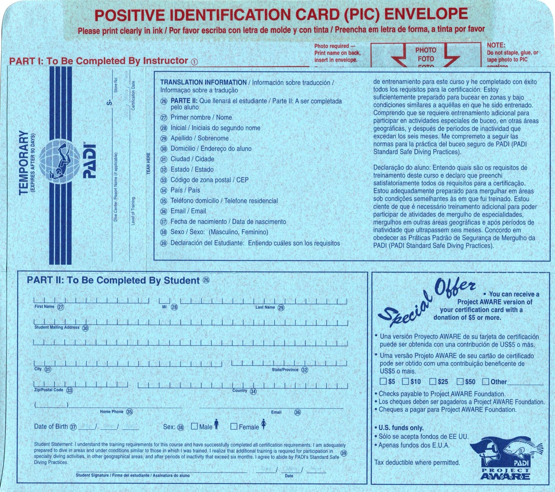 PADI PIC Card (positive identification card) SCUBA Certification Form