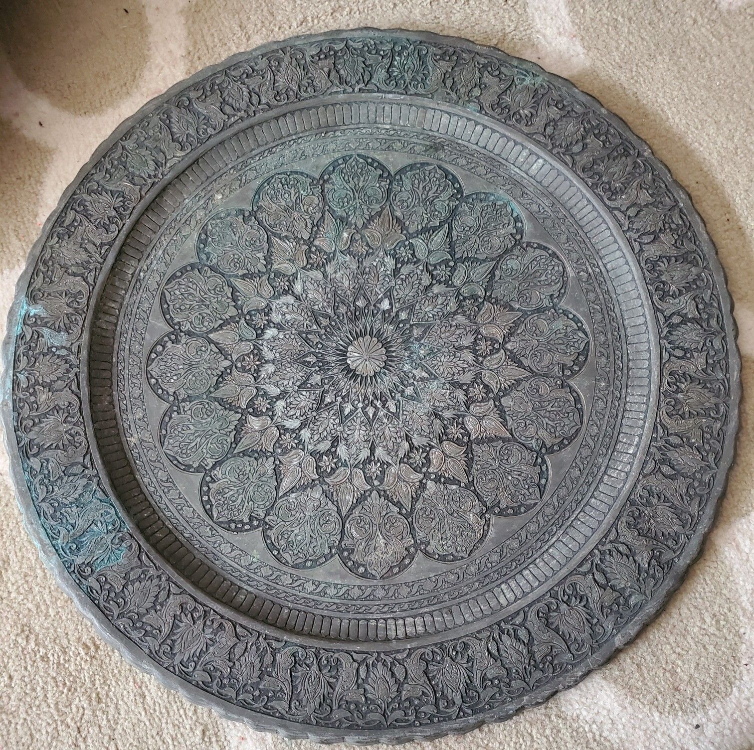 Antique Engraved Silver Plated Copper Arabic Tray 19 1/2 Inch Diameter ( ask for shipping cost)