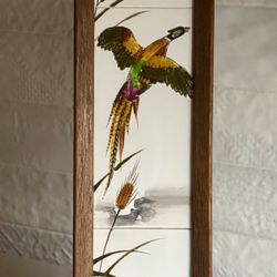 Vintage Wood Framed Japanese Hand-Painted Porcelain Tile Set