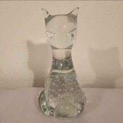 Vintage Hand Blown Art Glass Cat Figurine PaperWeight 60s Mod Decor