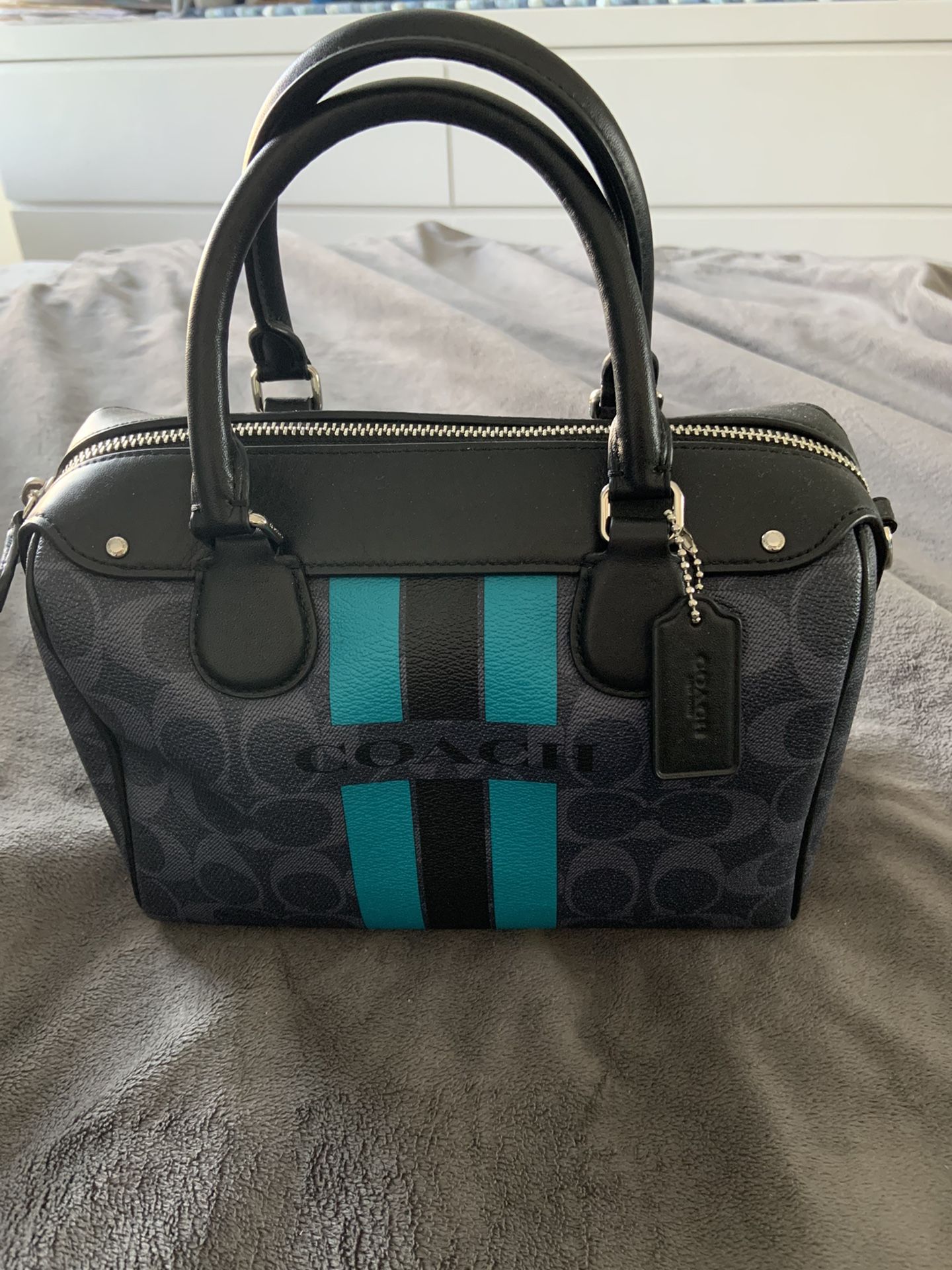Handbag Accessory.. Designer. Coach Sport Stripe In Teal /black Doctor Bag New Stored