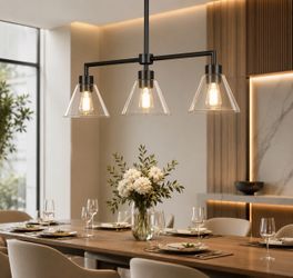 New 3-Light Black Industrial Linear Chandelier with Glass Shades for Kitchen Island, Dining Room, No Bulbs Included  New in box HHPL18A Illuminate you