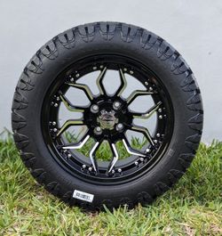 Golf Cart 14"x7" Scorpion Machine/Black  WHEELS and 23"x10"-14" Stringer DOT TIRES (Set of 4)