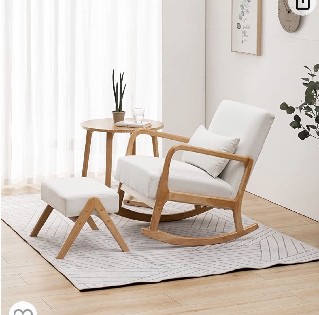 OKAKOPA Nursery Rocking Chairs with Ottoman, Upholstered Nursery Rocking Chair, Modern Rocking Chair with Footstool and Pillow, for Living Room, Baby 