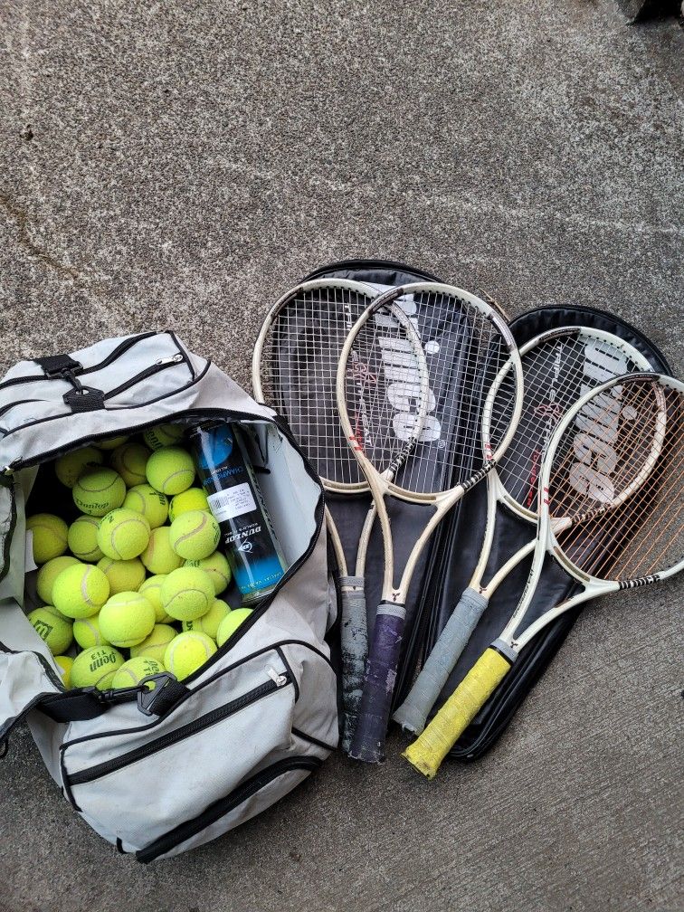 Bag full of tennis balls, 4 prince rackets with 2 racket case 