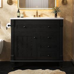 36 Inch Bathroom Vanity with Sink, Towel Holder & Adjustable Solid Wood Legs for Uneven Floor, Modern Bathroom Storage Cabinet with Tip-Out Drawer, 2 