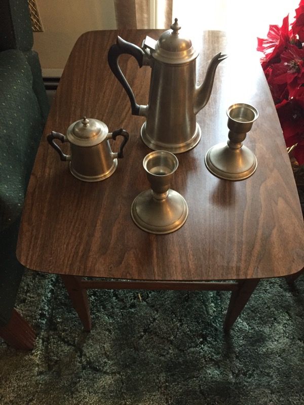 Pewter Tea kettle, sugar bowl and candle sticks