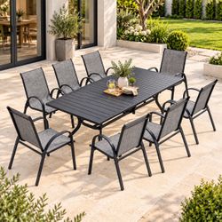New Purple Leaf 9-Piece Outdoor Patio Dining Set for 8, 76.8-Inch Rectangular Aluminum Table with Adjustable Feet and 8 Gray Mesh Armchairs, Steel Cha