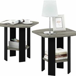 Set Of 2, French Oak Simple Design 2-Teir End Tables, Grey/Black, New