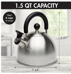 Primula Stewart Whistling Tea Kettle for Stovetop, Stainless Steel Stove Top Kettle with Fast Boil Whistling Spout and Cool Touch Folding Handle, 1.5-