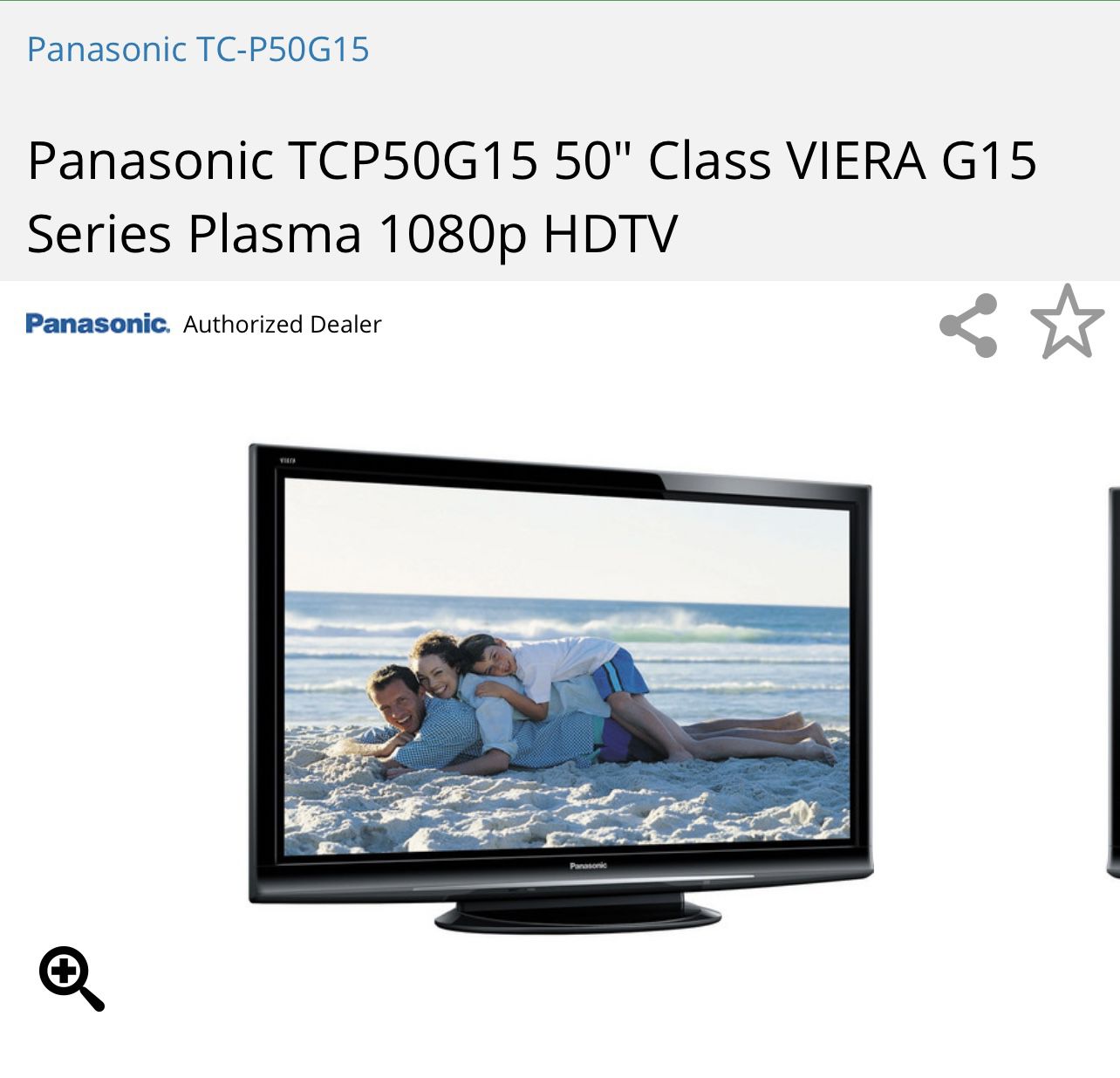 Panasonic TCP50G15 50" FLAT SCREEN TV VIERA G15 Series Plasma 1080p HDTV 1080 