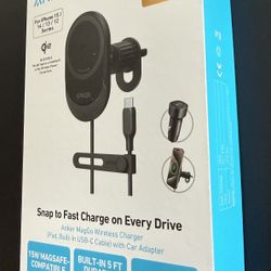 Anker MagGo Wireless Charger (Pad, Built-In USB-C Cable) with Car Adapter