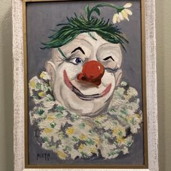 Pre Owned Whimsical Signed/Framed Winking Clown Oil Painting Signed Aleta