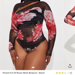 Fashion Nova Mesh Floral Picket Full Of Roses Bodysuit Black XL New