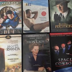 4 Set DVDs yoga, hotel rwanda, Iron Lady, road to perdition)