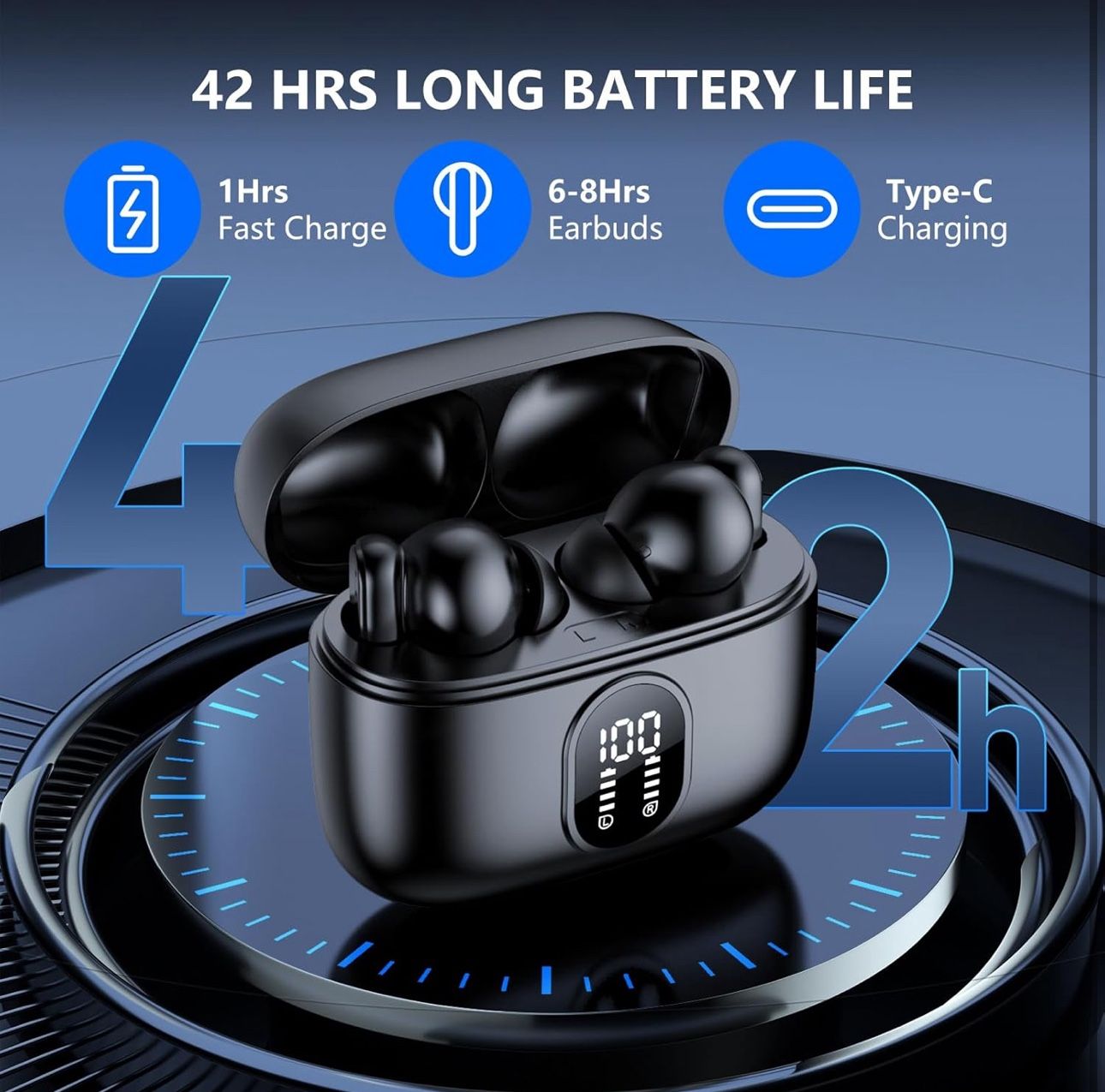 NEW Bluetooth 5.4 Earbuds 42H Playtime LED Display 4 ENC Mics IPX6 Touch Control Hi-Fi Sound Sports/Office iOS Android PC $10 (Retail $30)