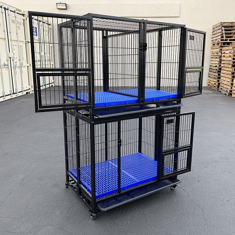 $280 (New in Box) Set of (2) stackable dog cage 37x25x64” heavy duty folding kennel w/ plastic tray