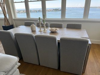 Set of 8 Luxury Fabric Rolling Dining Chairs (Excellent Condition)