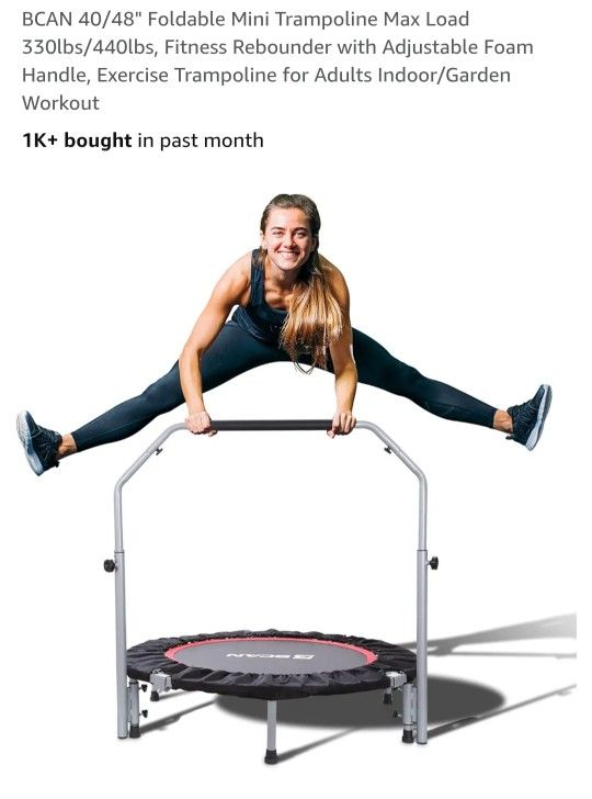 New BCAN 40" Foldable Mini Trampoline Max Load
330lbs/440lbs, Fitness Rebounder with Adjustable Foam
Handle, Exercise Trampoline for Adults