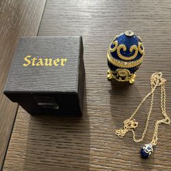Stauer Blue Enameled Gold Tone Rhinestone Trinket Egg And Necklace