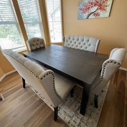 Dark Wood Dining Set With Upholstered Chairs