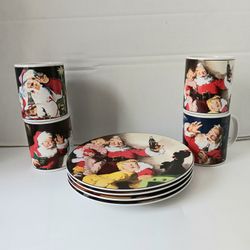 Coca-cola Vintage 8" Plates W/ 4 Matching Coffee Mugs Christmas Vintage 8pc Set