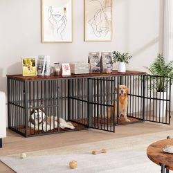 86.7" Double Dog Crate Furniture for 2 Large Dogs, Heavy Duty Wooden Dog Kennel with Removable Divider, XXL Dog Cage TV Stand End Table with 4 Doors, 