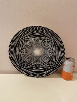 11 1/2” Round Glass Wall Hanging w/ Silver & Black Concentric Radial Geometric Pattern