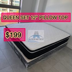 Queen mattress pillow top set with box spring (2pc - new) 