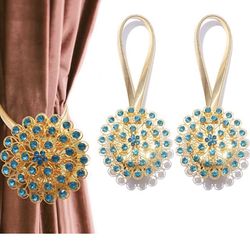Gold Curtain Tiebacks 2 Pack Curtain Holders for Drapes Magnetic 36 Crystal Elastic Gold Rope Curtain Tie Backs for Curtain for Outdoor Indoor, Window