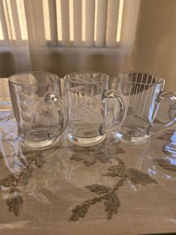 Set of 3 Etched Glass Coffee Mugs – 4.5" Tall Clear Tea Cups