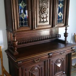 Antique KITCHEN HUTCH w Stained Glass 