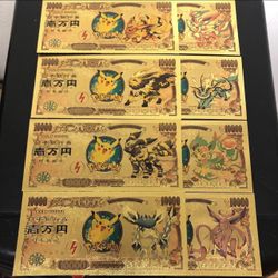 24k Gold Foil Plated Eevee Evolution Pokémon Banknote Collection 